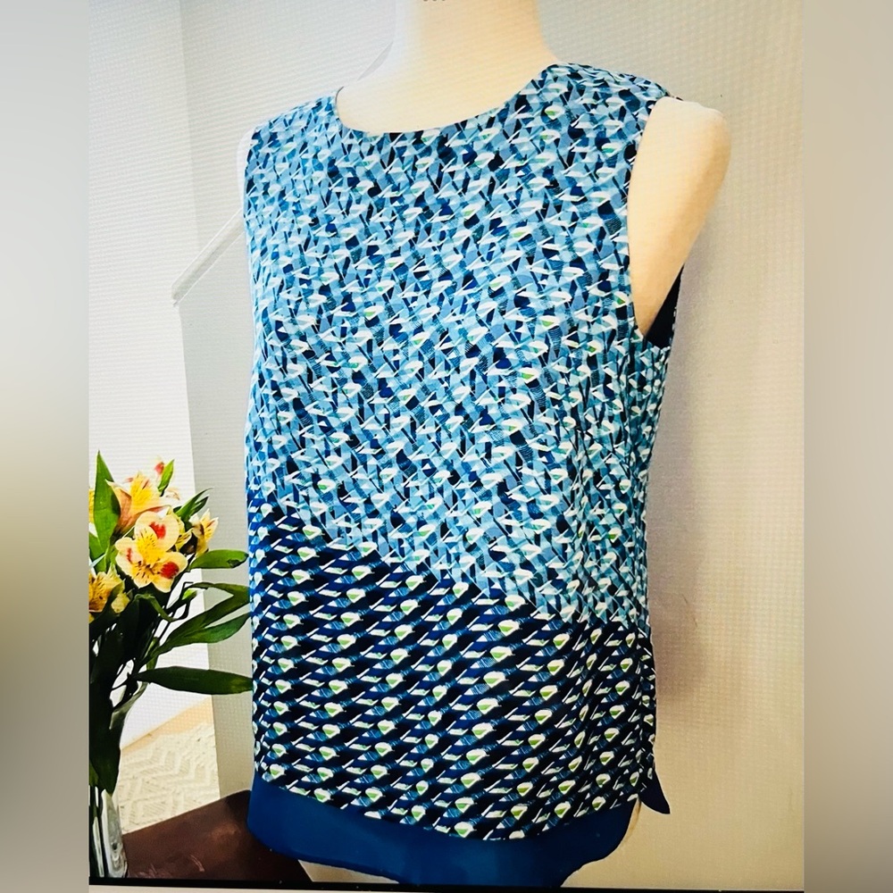 ROSE + OLIVE Blue White Floral Sleeveless Tiered Hem Tank